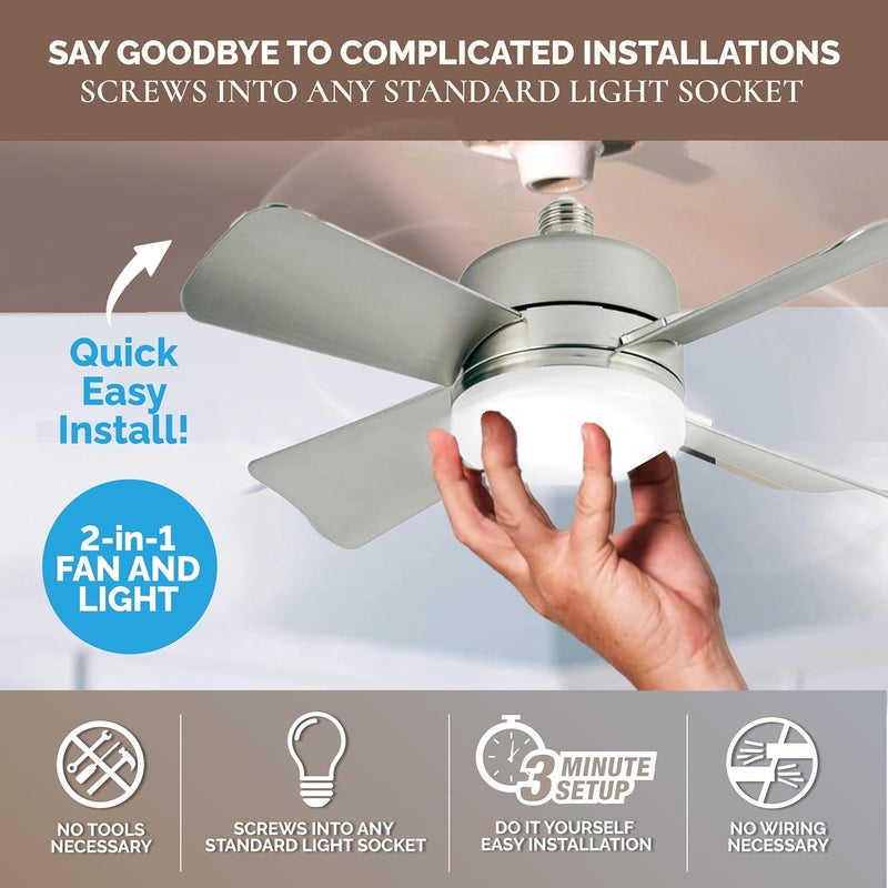 BELLHOWELL مروحة سقف Socket Breeze Cool Light Deluxe فضية – مروحات سقف مع أضواء LED وجهاز تحكم عن بعد، بديل لمصباح الإضاءة - غرفة النوم، المطبخ، غرفة المعيشة، 1000 لومن / 5000 كلفن - Image 2